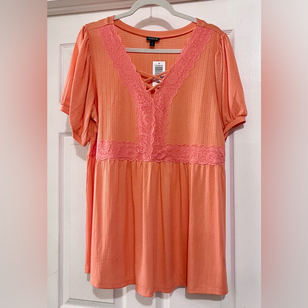 NEW Torrid Coral Babydoll Textured Knit Strappy Short Sleeve Top, Size 2 - Picture 6 of 8